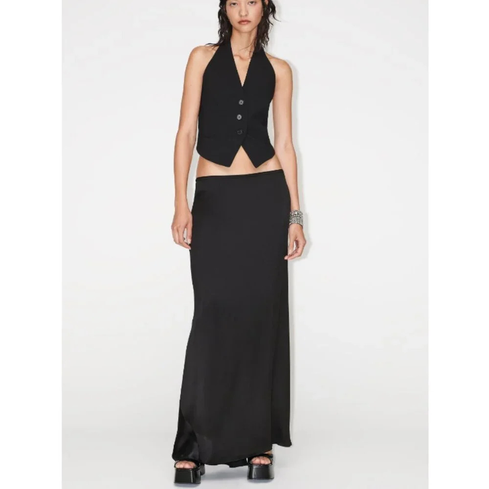 Zara Long Satin Effect Slip Maxi Skirt NWT Black Size Small - Picture 4 of 12